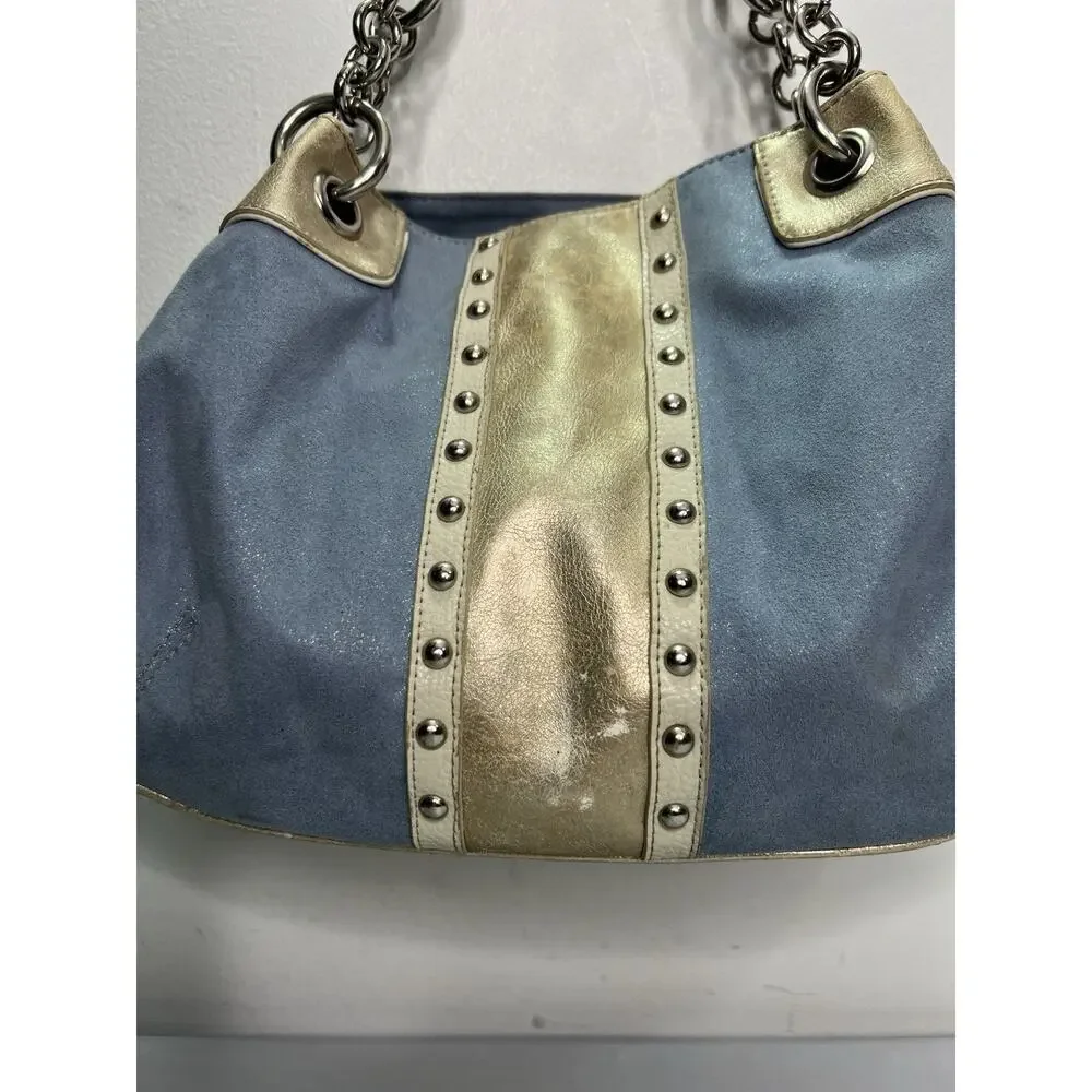 Kathy Van Zeeland Gold Blue Shimmer Distressed Purse Silver Studs Y2K
